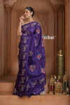 Festive Edit! Ganga Ghat ~ Handwoven Pure Kora Silk  Weave in Blue with Floral Motifs & Horse Embroidered Saree ( Silk Mark Certified )