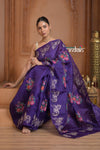 Festive Edit! Ganga Ghat ~ Handwoven Pure Kora Silk  Weave in Blue with Floral Motifs & Horse Embroidered Saree ( Silk Mark Certified )