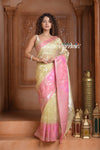 Festive Edit! Ganga Ghat ~ Handloom Pure Tissue Silk Saree in Champagne Yellow Pink (Silk Mark Certified)