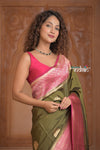 Festive Edit! Ganga Ghat ~ Handloom Pure Silk Chiniya Saree in Olive Green and Pink ( Silk Mark Certified)