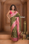 Festive Edit! Ganga Ghat ~ Handloom Pure Silk Chiniya Saree in Olive Green and Pink ( Silk Mark Certified)