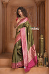 Festive Edit! Ganga Ghat ~ Handloom Pure Silk Chiniya Saree in Olive Green and Pink ( Silk Mark Certified)