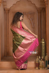 Festive Edit! Ganga Ghat ~ Handloom Pure Silk Chiniya Saree in Olive Green and Pink ( Silk Mark Certified)