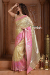 Festive Edit! Ganga Ghat ~ Handloom Pure Tissue Silk Saree in Champagne Yellow Pink (Silk Mark Certified)