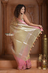 Festive Edit! Ganga Ghat ~ Handloom Pure Tissue Silk Saree in Champagne Yellow Pink (Silk Mark Certified)