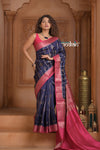 Festive Edit! Ganga Ghat ~ Handloom Pure Silk Chiniya Saree in Royal Blue and Pink ( Silk Mark Certified)