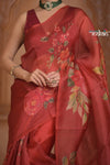 Festive Edit! Ganga Ghat ~ Handloom Pure Kora Silk Saree in Coral Red with Floral Work ( Silk Mark Certified )
