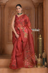 Festive Edit! Ganga Ghat ~ Handloom Pure Kora Silk Saree in Coral Red with Floral Work ( Silk Mark Certified )