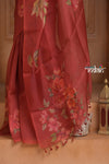 Festive Edit! Ganga Ghat ~ Handloom Pure Kora Silk Saree in Coral Red with Floral Work ( Silk Mark Certified )