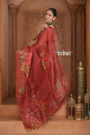 Festive Edit! Ganga Ghat ~ Handloom Pure Kora Silk Saree in Coral Red with Floral Work ( Silk Mark Certified )
