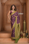 Festive Edit! Ganga Ghat ~ Handloom Pure Silk Chiffon Crepe Banarasi Saree in Dark Purple and Green ( Silk Mark Certified )