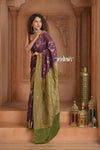 Festive Edit! Ganga Ghat ~ Handloom Pure Silk Chiffon Crepe Banarasi Saree in Dark Purple and Green ( Silk Mark Certified )