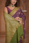Festive Edit! Ganga Ghat ~ Handloom Pure Silk Chiffon Crepe Banarasi Saree in Dark Purple and Green ( Silk Mark Certified )