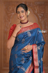 Festive Edit! Ganga Ghat ~ Handloom Pure Silk Chiniya Saree in Ivory Blue and Red ( Silk Mark Certified)