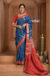 Festive Edit! Ganga Ghat ~ Handloom Pure Silk Chiniya Saree in Ivory Blue and Red ( Silk Mark Certified)