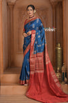 Festive Edit! Ganga Ghat ~ Handloom Pure Silk Chiniya Saree in Ivory Blue and Red ( Silk Mark Certified)