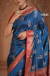 Festive Edit! Ganga Ghat ~ Handloom Pure Silk Chiniya Saree in Ivory Blue and Red ( Silk Mark Certified)