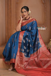 Festive Edit! Ganga Ghat ~ Handloom Pure Silk Chiniya Saree in Ivory Blue and Red ( Silk Mark Certified)