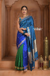 Festive Edit! Ganga Ghat ~ Handloom Pure Silk Katan Saree in Shades of Blue and Green (Silk Mark Certified )
