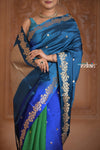 Festive Edit! Ganga Ghat ~ Handloom Pure Silk Katan Saree in Shades of Blue and Green (Silk Mark Certified )