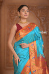 The Festive Edit! ~ Handloom Pure Silk Paithani with Peacock Parrot Border in Cyan Blue
