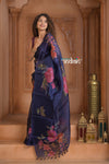 Festive Edit! Ganga Ghat ~ Handloom Pure Silk Kora Saree in Dark Blue with Floral Work ( Silk Mark Certified )