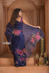 Festive Edit! Ganga Ghat ~ Handloom Pure Silk Kora Saree in Dark Blue with Floral Work ( Silk Mark Certified )
