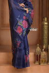 Festive Edit! Ganga Ghat ~ Handloom Pure Silk Kora Saree in Dark Blue with Floral Work ( Silk Mark Certified )