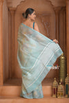 Festive Edit! Ganga Ghat ~ Handloom Linen Silk Saree with Intricate Floral Work in Salient Blue
