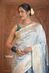Festive Edit! Ganga Ghat ~ Handloom Pure Silk Katan Saree in Shades of Ivory and Blue (Silk Mark Certified )