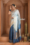 Festive Edit! Ganga Ghat ~ Handloom Pure Silk Katan Saree in Shades of Ivory and Blue (Silk Mark Certified )