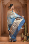 Festive Edit! Ganga Ghat ~ Handloom Pure Silk Katan Saree in Shades of Ivory and Blue (Silk Mark Certified )