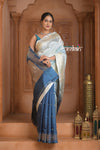 Festive Edit! Ganga Ghat ~ Handloom Pure Silk Katan Saree in Shades of Ivory and Blue (Silk Mark Certified )