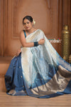 Festive Edit! Ganga Ghat ~ Handloom Pure Silk Katan Saree in Shades of Ivory and Blue (Silk Mark Certified )