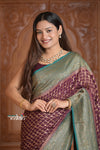 Festive Edit! Ganga Ghat ~ Handloom Pure Silk Chiffon Georgette Saree in Brown and Blue ( Silk Mark Certified )