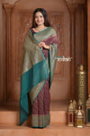 Festive Edit! Ganga Ghat ~ Handloom Pure Silk Chiffon Georgette Saree in Brown and Blue ( Silk Mark Certified )