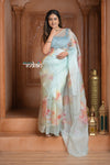 Festive Edit! Ganga Ghat ~ Handloom Pure Kora Silk Saree in Salient Blue with Floral Work ( Silk Mark Certified )
