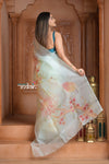 Festive Edit! Ganga Ghat ~ Handloom Pure Kora Silk Saree in Salient Blue with Floral Work ( Silk Mark Certified )