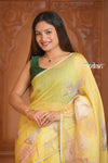 Festive Edit! Ganga Ghat ~ Handloom Linen Silk Saree with Intricate Floral Work in Butter Yellow