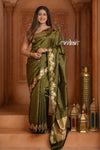Festive Edit! Ganga Ghat ~ Handloom Pure Silk Katan Saree in Olive Green ( Silk Mark Certified )