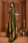 Festive Edit! Ganga Ghat ~ Handloom Pure Silk Katan Saree in Olive Green ( Silk Mark Certified )