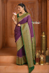 Festive Edit! Ganga Ghat ~ Handloom Pure Silk Chiffon Georgette Saree in Plum and Green ( Silk Mark Certified)