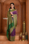Festive Edit! Ganga Ghat ~ Handloom Pure Silk Chiffon Georgette Saree in Plum and Green ( Silk Mark Certified)