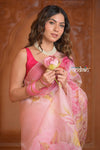 Festive Edit! Ganga Ghat ~ Handloom Pure Kora Silk Saree in Fresh Pink with Floral Work ( Silk Mark Certified )