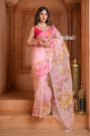 Festive Edit! Ganga Ghat ~ Handloom Pure Kora Silk Saree in Fresh Pink with Floral Work ( Silk Mark Certified )