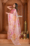 Festive Edit! Ganga Ghat ~ Handloom Pure Kora Silk Saree in Fresh Pink with Floral Work ( Silk Mark Certified )