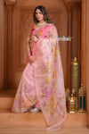 Festive Edit! Ganga Ghat ~ Handloom Pure Kora Silk Saree in Fresh Pink with Floral Work ( Silk Mark Certified )