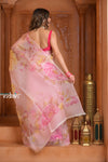 Festive Edit! Ganga Ghat ~ Handloom Pure Kora Silk Saree in Fresh Pink with Floral Work ( Silk Mark Certified )