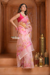 Festive Edit! Ganga Ghat ~ Handloom Pure Kora Silk Saree in Fresh Pink with Floral Work ( Silk Mark Certified )