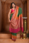 Festive Edit! Ganga Ghat ~ Handloom Pure Chiffon Silk Saree in Tricolor Green Pink and Orange